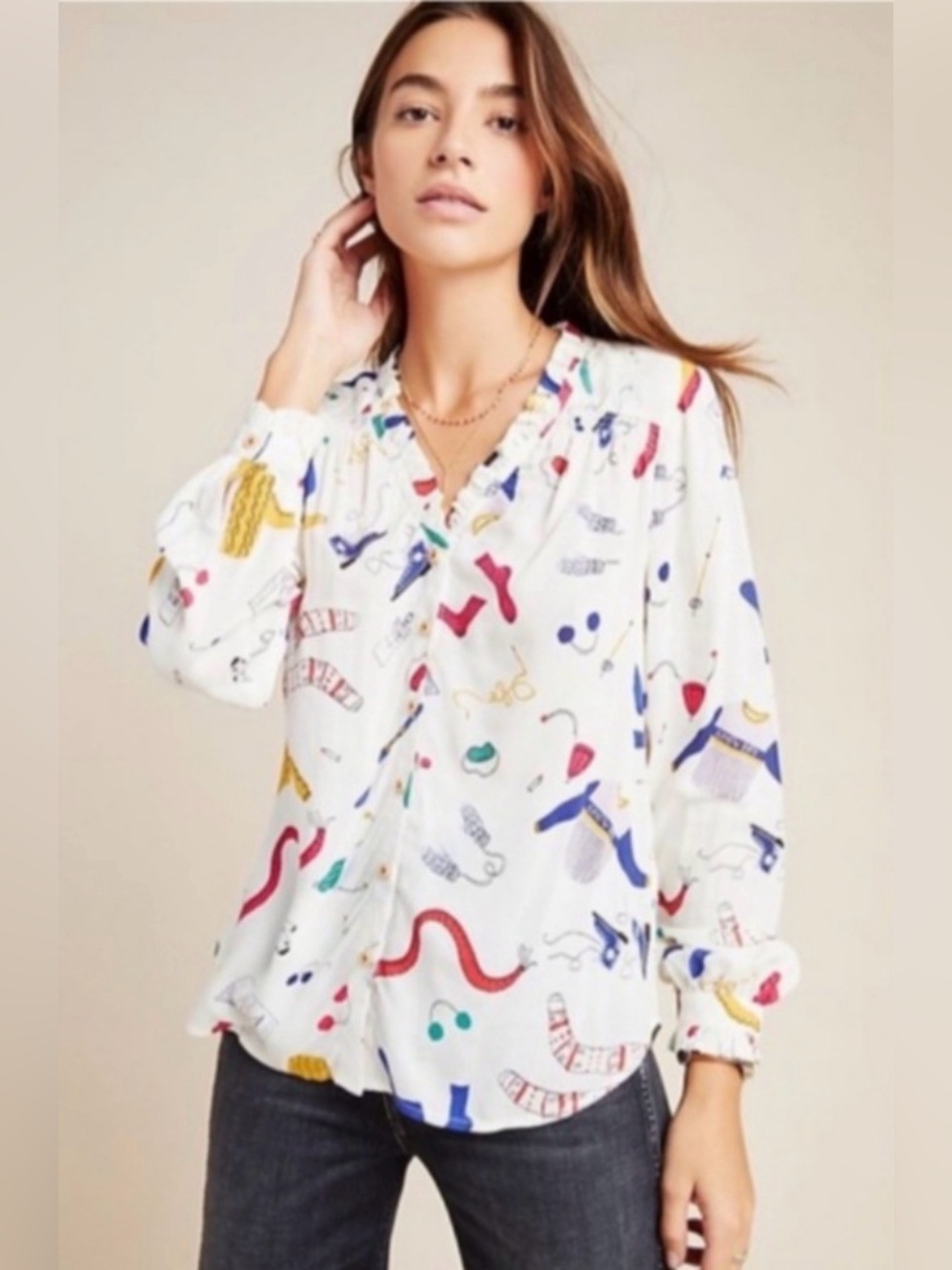 Anthropologie Mauve Marisol Ruffled Blouse Novelty Print Snow Day‎ Size:12